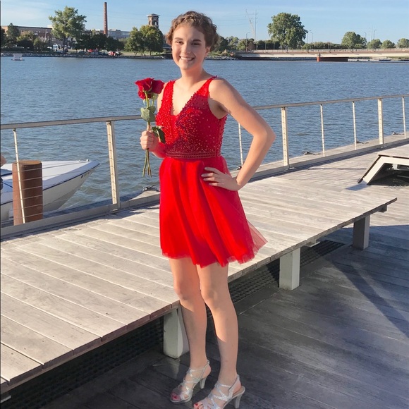 Red V-Neck Homecoming Dress - Picture 3 of 5
